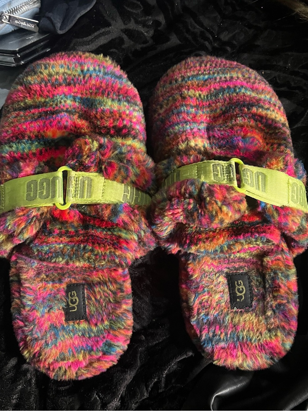 UGG Multicolor Knit Slippers with Neon Green Strap